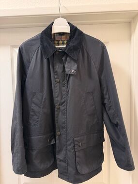 Barbour Navy Waxed Cotton Field Jacket with Cord Collar
